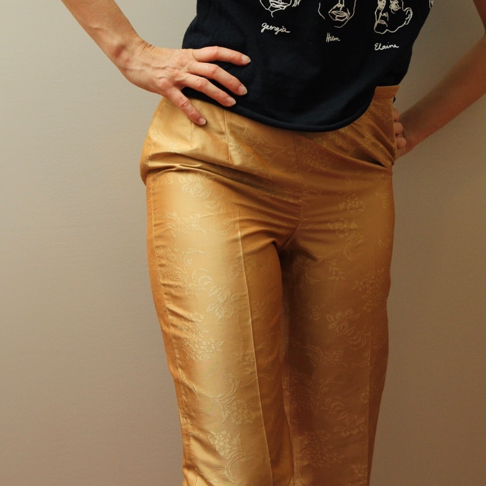 Vintage floral gold pleated silk petite suit pants